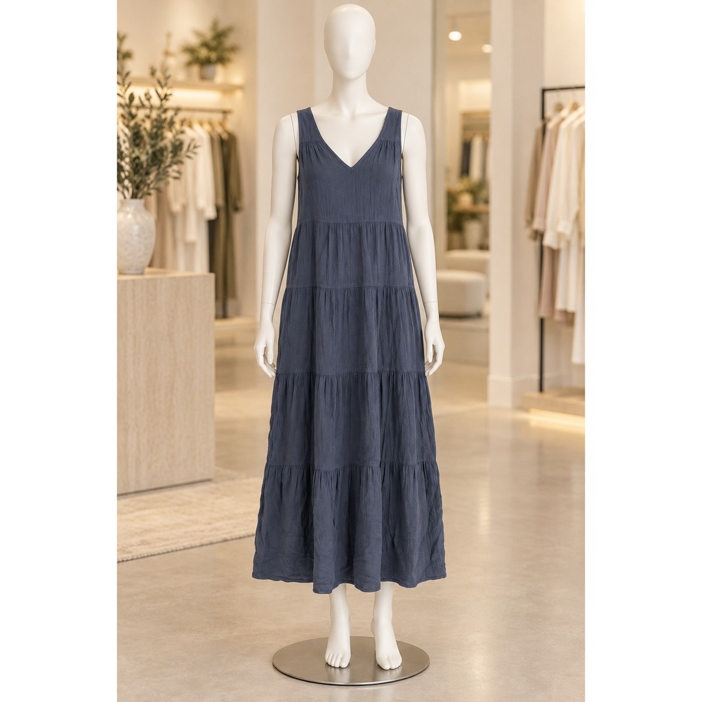 Quince Womens Dress Organic Cotton Tiered Maxi V-Neck Slate Blue Small